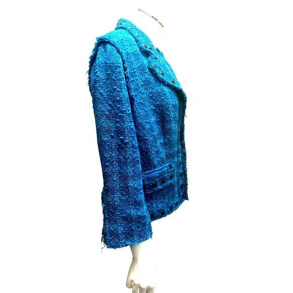 Alberto Makali Size 12 Teal Blue Boucle Studded Cropped Tweed Fringe Blazer Chic - Picture 5 of 11
